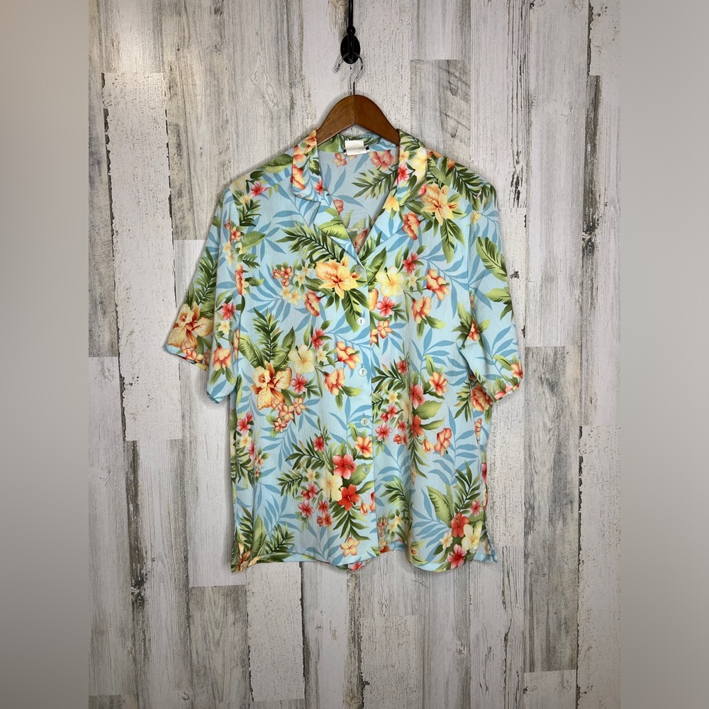 Bon Worth Vintage Women's Floral Hawaiian Button Front Shirt Blue Yellow Large